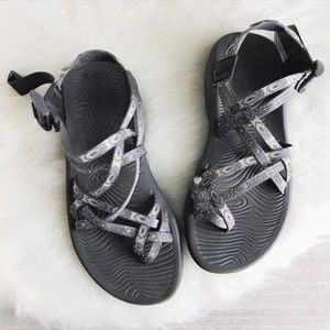 light peach and gray double strap chacos